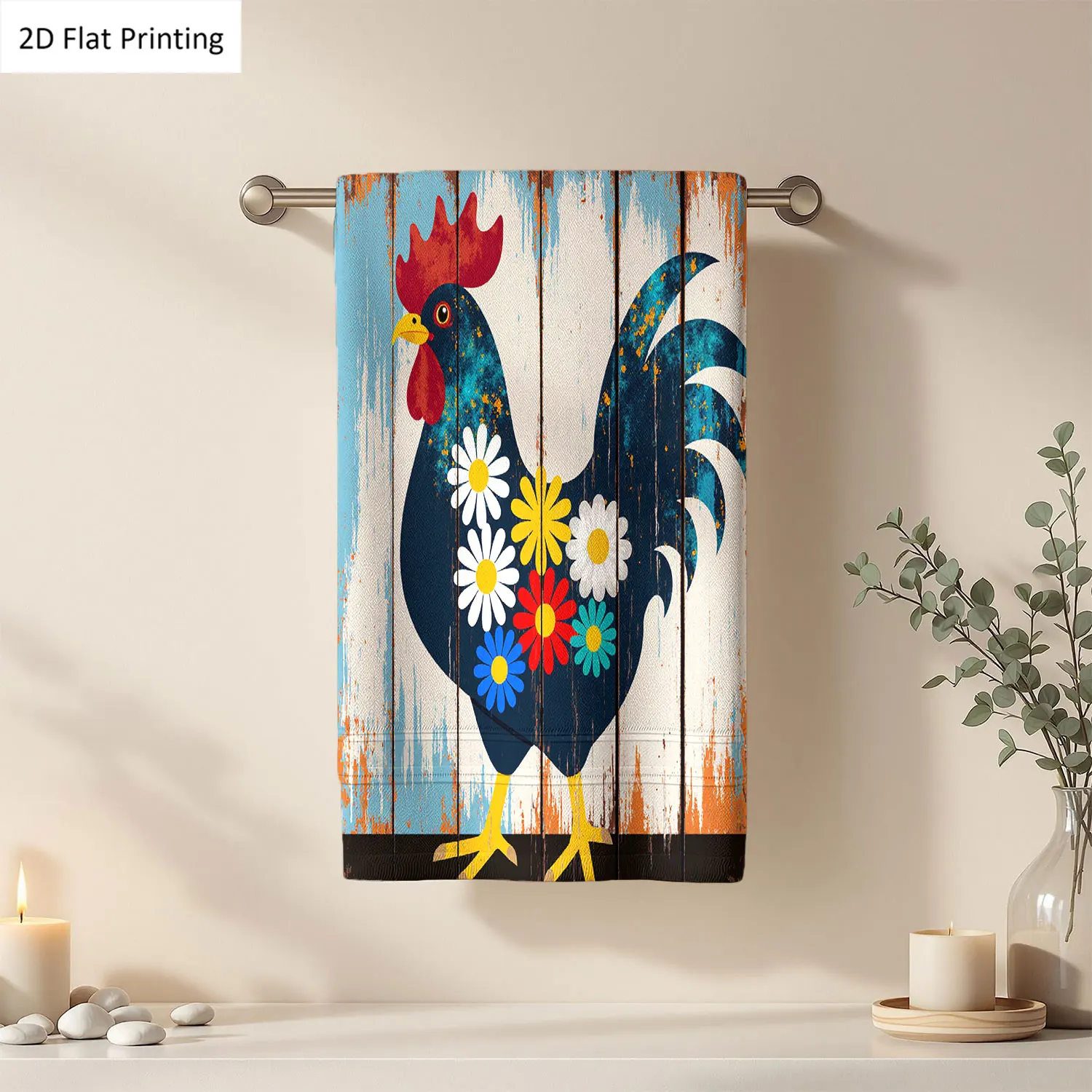 

1Pc Rooster With Flowers Bohemian Style Multi Colored Bathroom Hand Towel Bath Towel, Multiple Size Microfiber Polyester Towel, Unique Home Decorative Kitchen Towels, Festival Bathroom Accessories Decor, Quick Dry and Absorbent