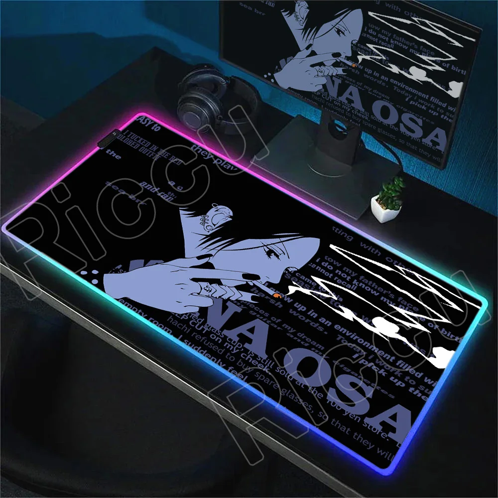 

RGB LED Desk Mat Black White Anime Girl NANA Mouse Pad Cute HD Extended Gaming Keyboard Mats Large Non-slip XXL Gamer Mousepad