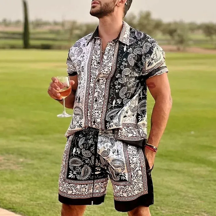 Conjunto de camisa de estilo étnico Retro para hombre, camisa informal de manga corta, pantalones cortos de playa de gran tamaño, ropa de calle de