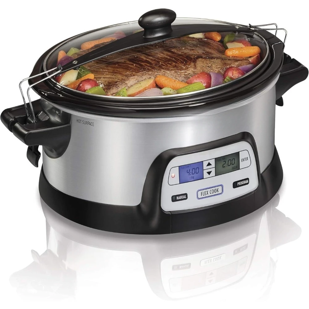 

6 Qt Portable Programmable Slow Cooker, Dishwasher Safe Crock, Dual Digital Timer/2 Heat Settings, Slow Cooker