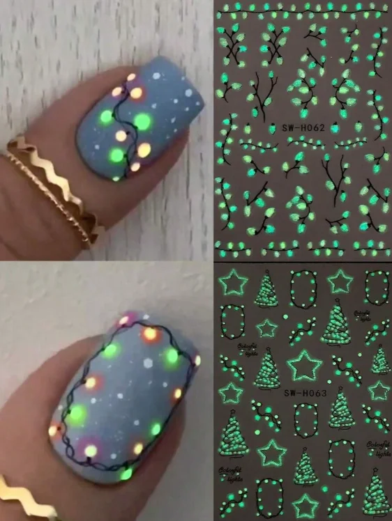 Luminous Christmas Light Nail Stickers, Glow In Dark Xmas Tree Star Branch Self Adhesive Nail Decals, Colorful Fairy Light Sliders for Holiday Winter DIY Manicure Nail Art Decor Supplies
