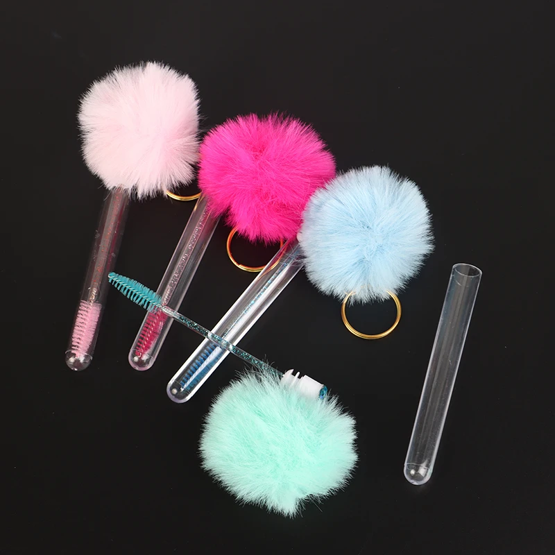 1pcs Tube Eyelash Brush With Gold Keychain & Fluffy Fur Pom Pom Ball Lash Extension Makeup Brush Eyebrow Comb Beauty Tools