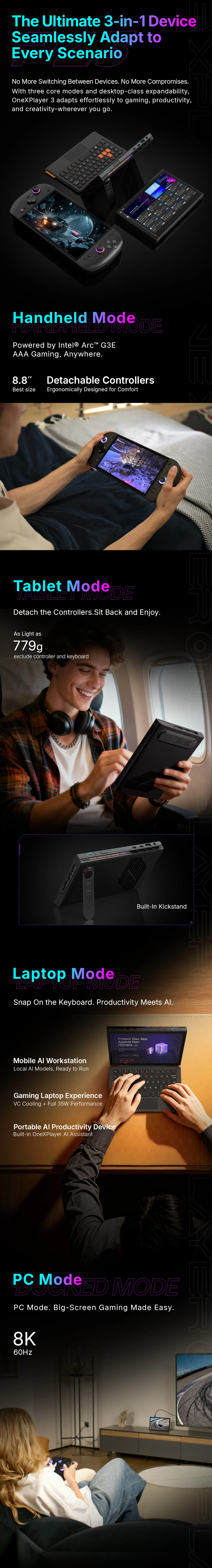 OneXPlayer 3 G3e 3-in-1 Windows Gaming Handheld 8.8 Inch 144Hz AMOLED Intel Arc G3 Extreme Portable Game Console