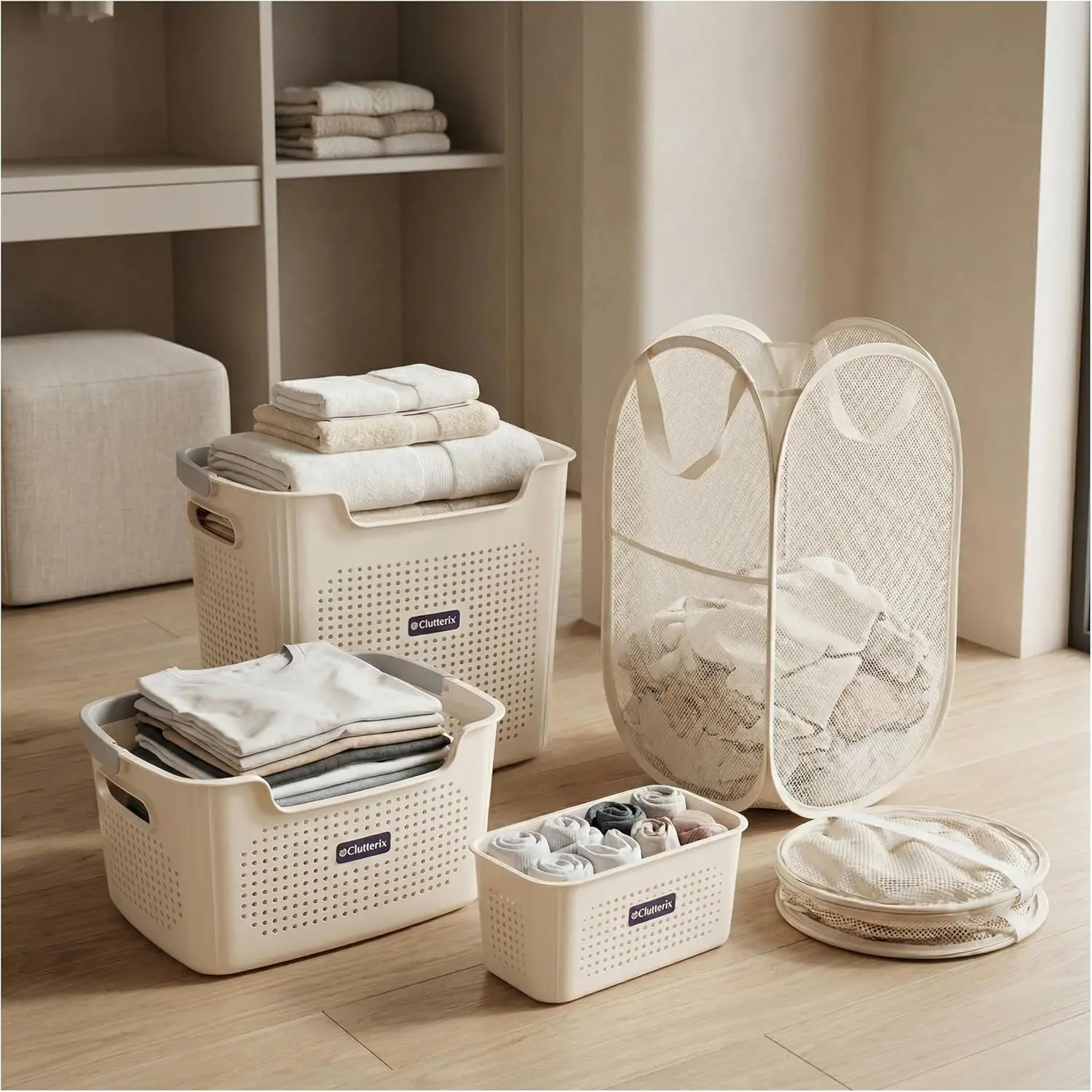

Laundry Basket Set with Handles, 3 Ventilated Plastic Baskets (30L, 17L & 4L Clip-On) and 55L