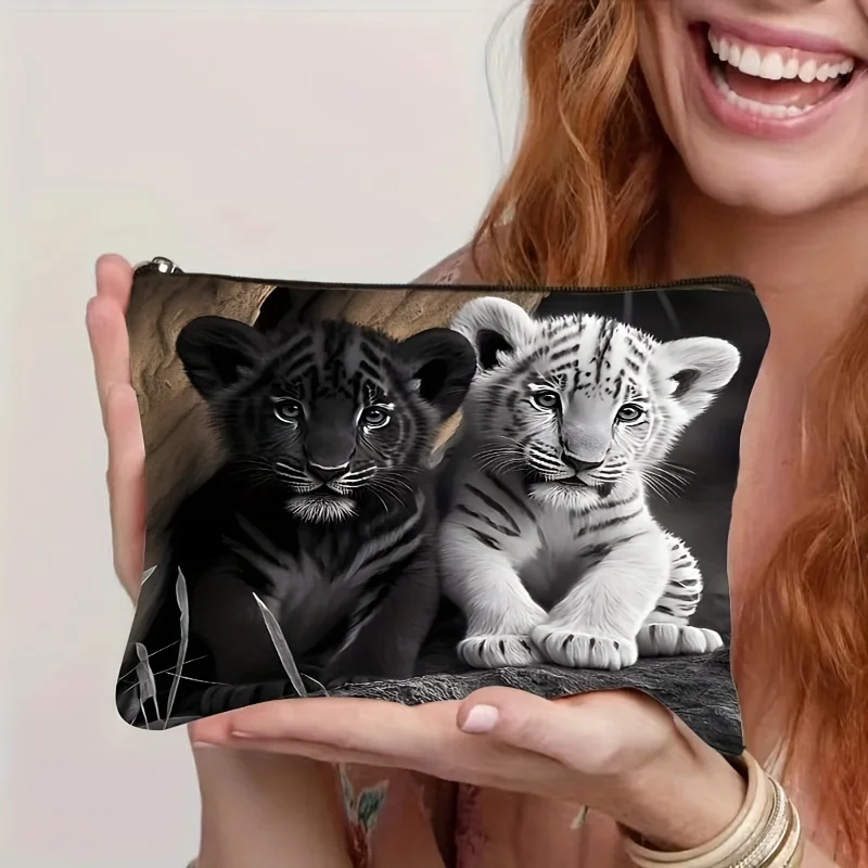 1pc Whisker Wonders Makeup Bag, Black And White Tiger Print,Multi-Function Travel Cosmetic Pouch with Secure Zipper for Women
