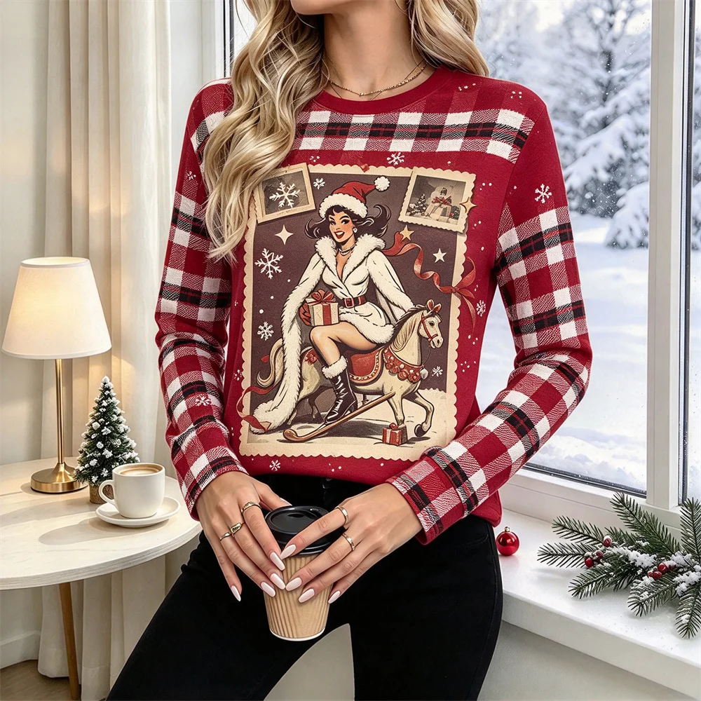 Women Christmas Long Sleeve T-shirts Plaid Splicing Vintage Christmas Lady Graphic Pullover Tee Autumn Winter Holiday Gift Tops