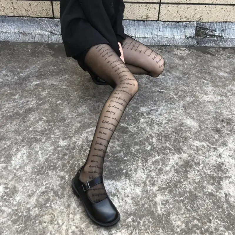 40GC Womens Letter Printed Sexy Open Crotch Sheer Tights Stockings See-Through Mesh Pantyhose Leggings Hosiery Clubwear