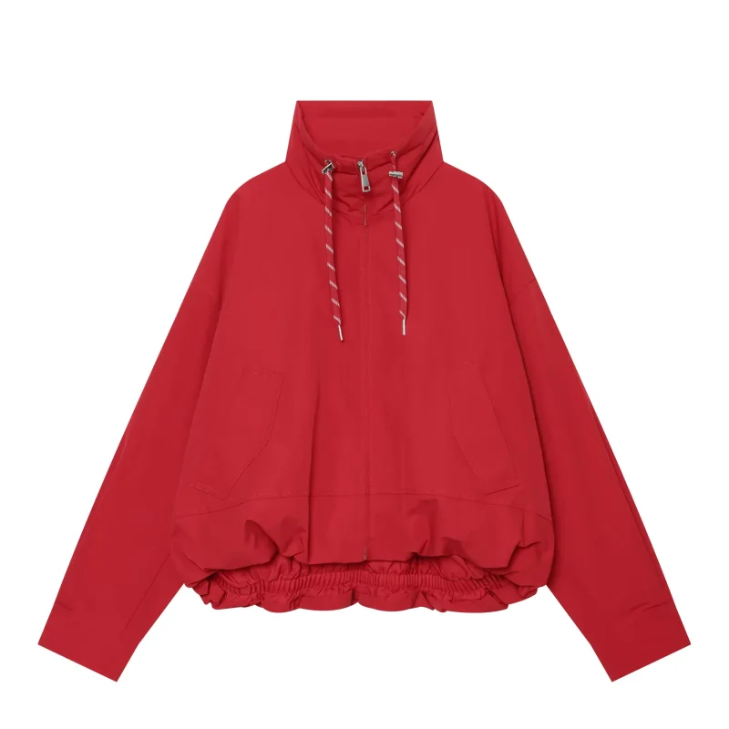 Women New Water Resistant Padded Jacket Stand Collar Drawstring Hem Zip Up Loose Long Sleeve Pocket Cropped Cotton Coat