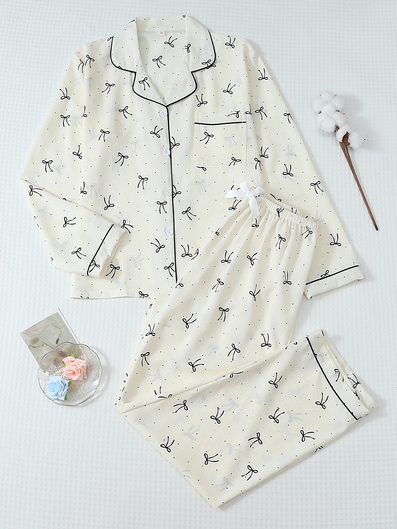 Women's white mini polka dot bow print pajama set, long-sleeved button-down shirt and long pants, winter home pajamas, casual we