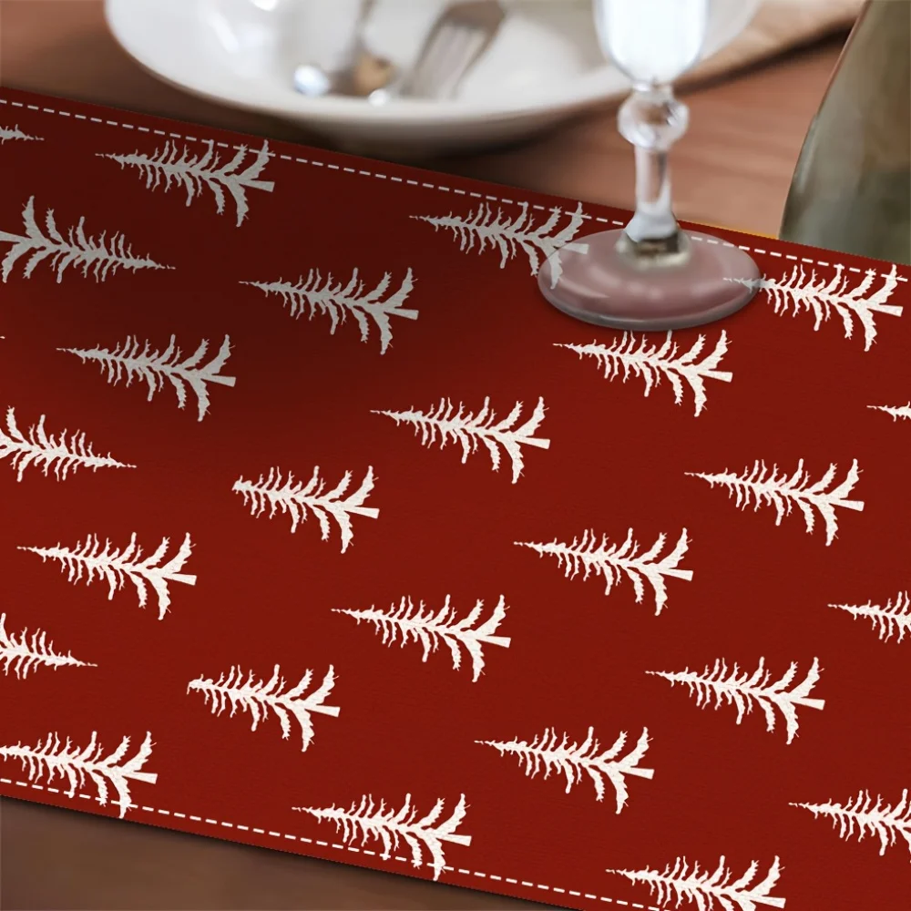 1pc Dokriy Red Christmas Table Runner with White Pine Trees & Merry Christmas Script - Rectangular Holiday Dining Decor