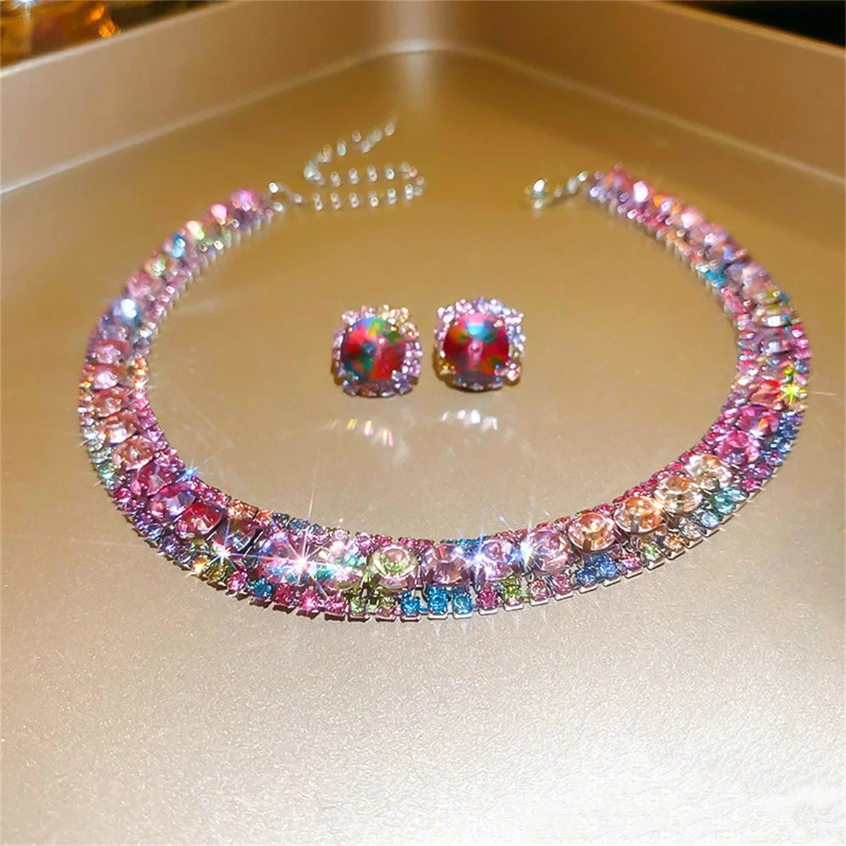 Luxury Crystal Necklace Earrings Set Pink ABcolourful Necklace for Women Weddings Party Jewelry Sets Accessories