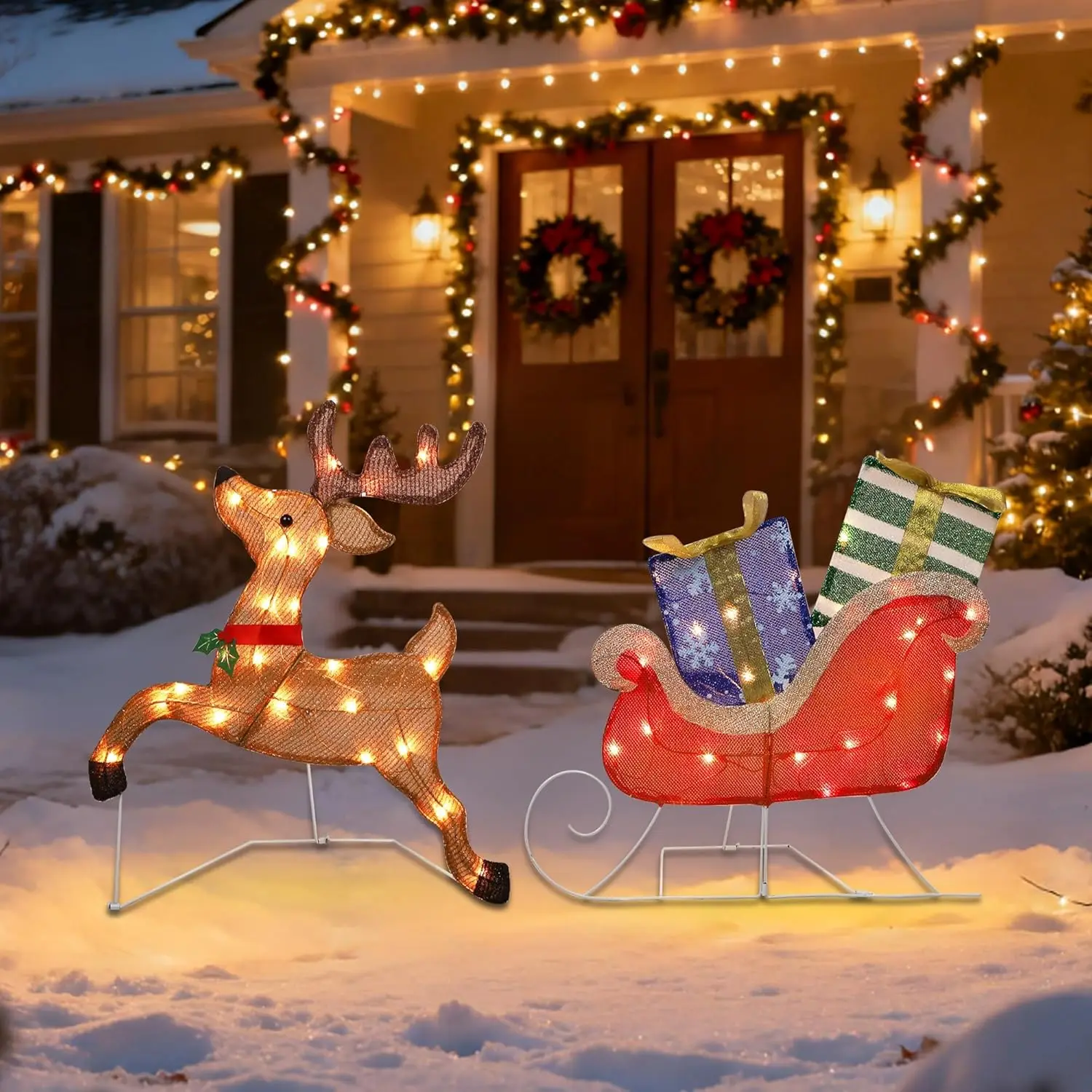 زينة عيد الميلاد المضاءة 25 بوصة × 44 بوصة الرنة، 50 مصباحًا لعيد الميلاد الرنة مع مزلقة وصناديق هدايا، ديكورا مضيئة