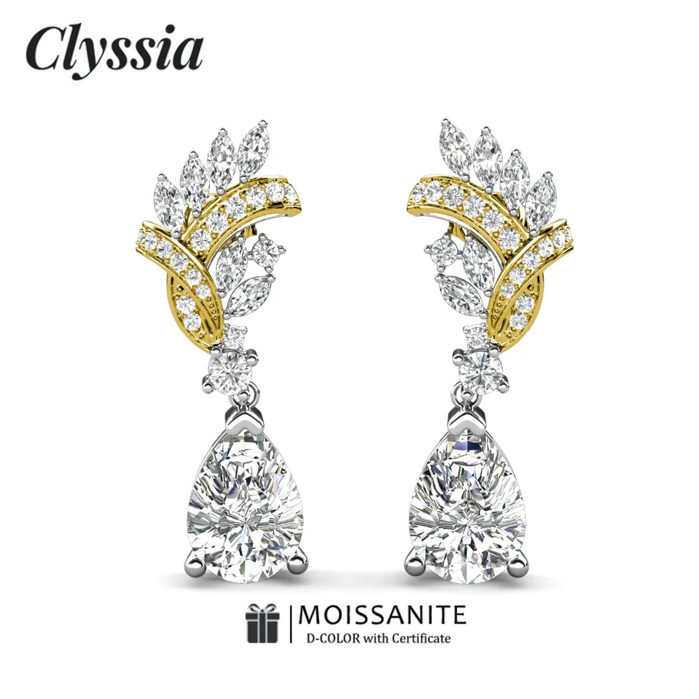 

CLYSSIA D Color VVS1 4 Carat Bride Wedding Drop Earrings Luxury Double Color Design 925 Sterling Silver 18K White Gold Plated