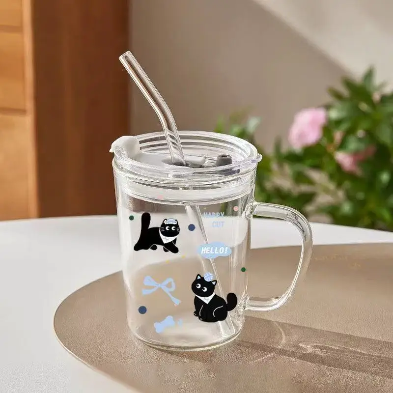 

New High Aesthetic Glass Cup for Women St Water Cup Transparent Office Coffee Drinking Cup Creative Line Ice Dominating Cup