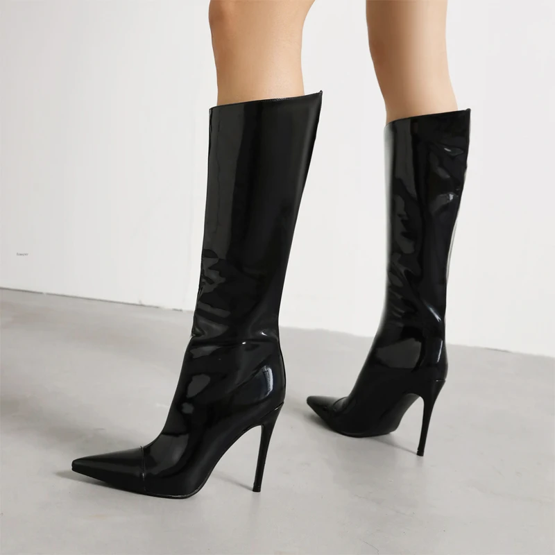 

Size 34-43 Women Knee High Boots Pointed Toe Thin Heel Slip on Party Club Winter Ladies Footwear Cusp Black Boots Platform