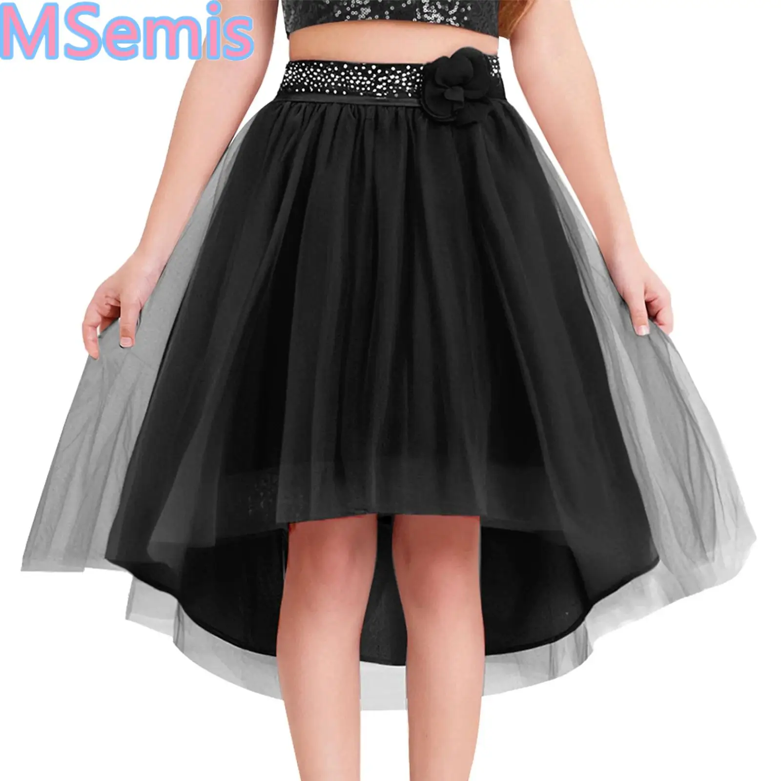 

Kids Girls Irregular Hem Skirt Elastic Waistband Solid Lining Fake Flower Decorated Tulle Skirt for Banquet Pageant Wedding