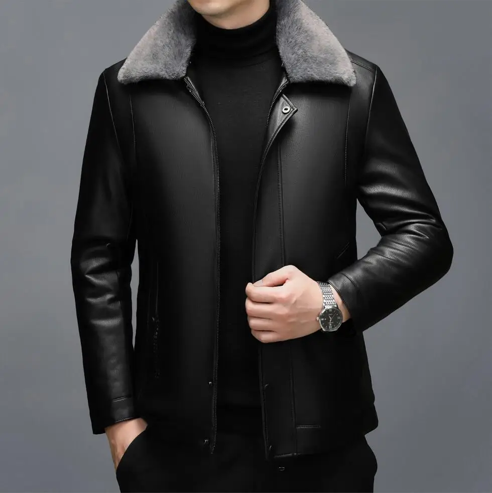 الخريف الشتاء الربيع الرجال معطف جلد طوق معطف جلد مع انفصال الصوف طوق قصيرة عارضة الأعمال جلد الغنم