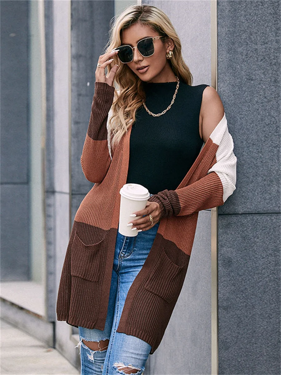 

Woman Spring Autumn Style Cardigan Seater Lady Casual Long Sleeve Patchwork Long Cardigan AA4491