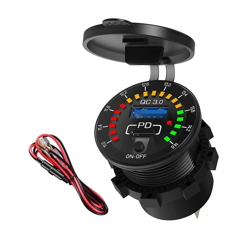 Top Sale-QC 3.0 Dual USB Car Charger Waterproof USB PD Outlet Fast Charge With LED Voltmeter On OFF Switch For Car Motorcycle