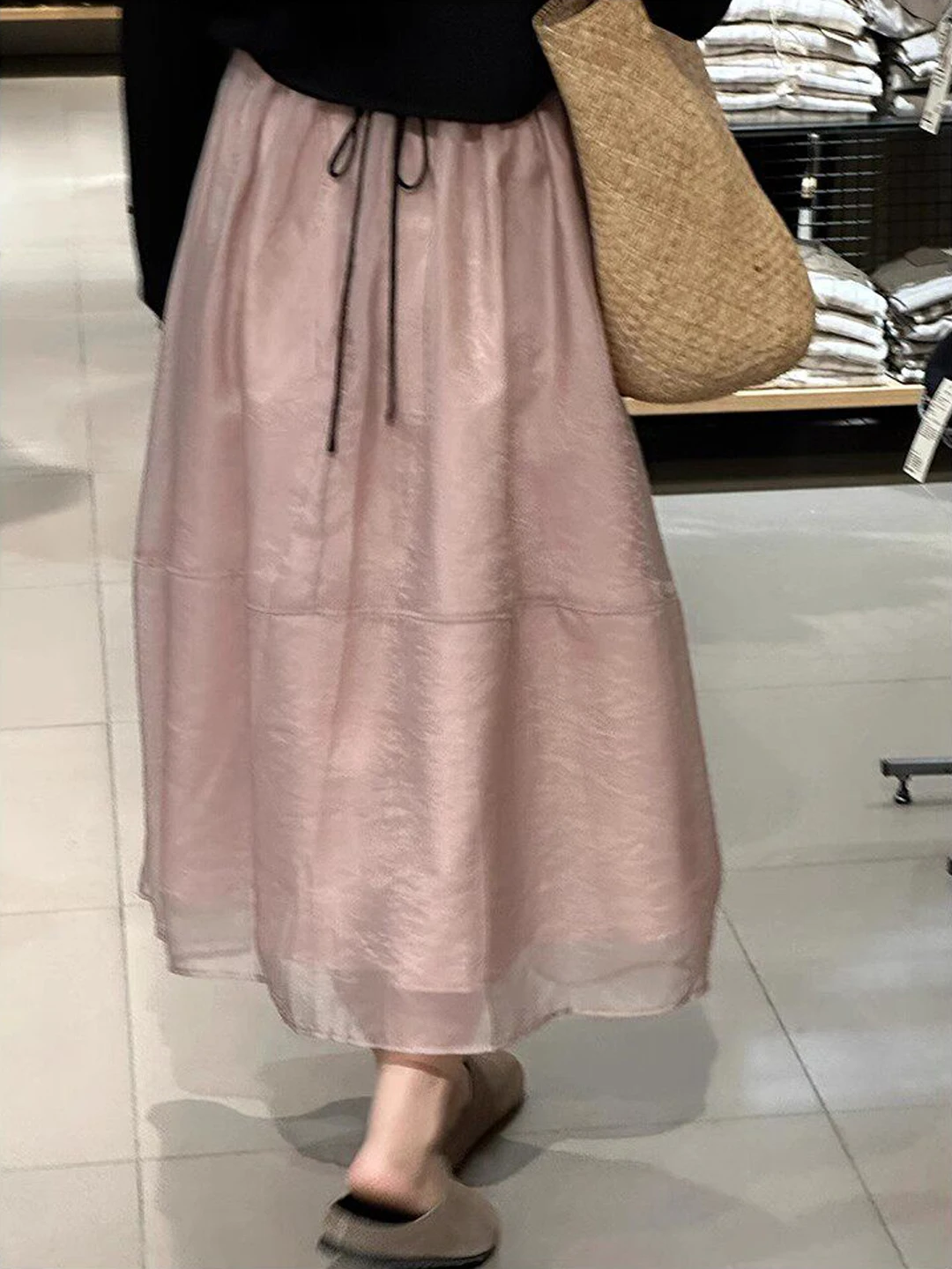 Elegant Pink Lotus Half Skirt Women's Summer New Style A-Line Loose High Waist Slimming Tulle Skirt Soft Comfortable Inner Li...