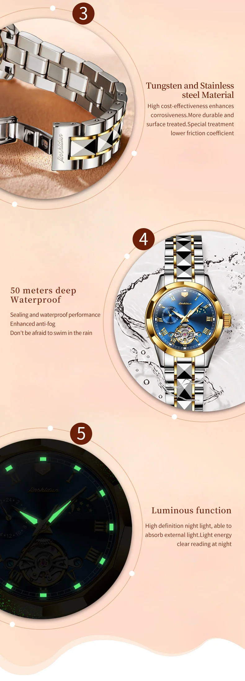 JSDUN Couple Watch Automatic Mechanical Tourbillon Design Tungsten steel Waterproof Moon Phase Date Week Lovers Wristwatch Set