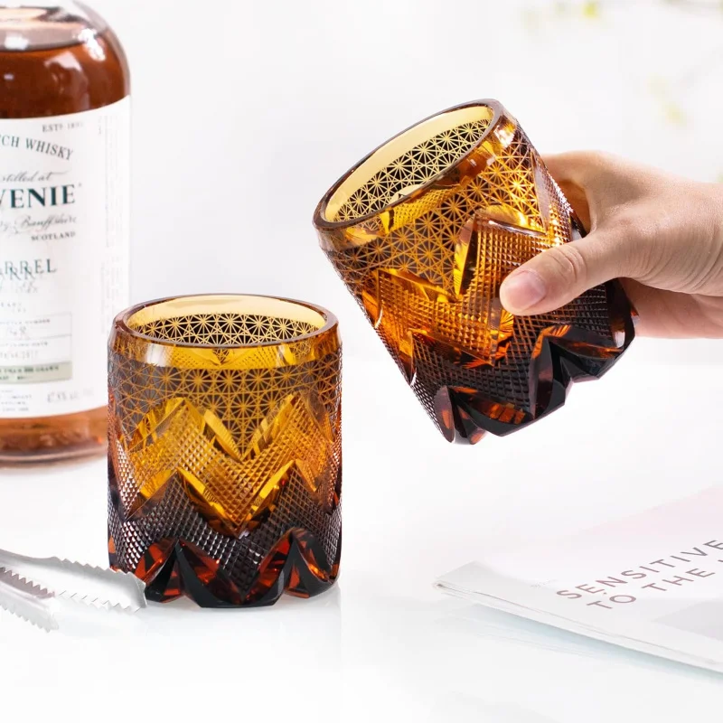 Amber Golden Wavy Crystal Glass Cup Japanese Style Hand Carving Drinking Tumbler For Whiskey Whisky Chivas Brandy Xo Vodka Soju