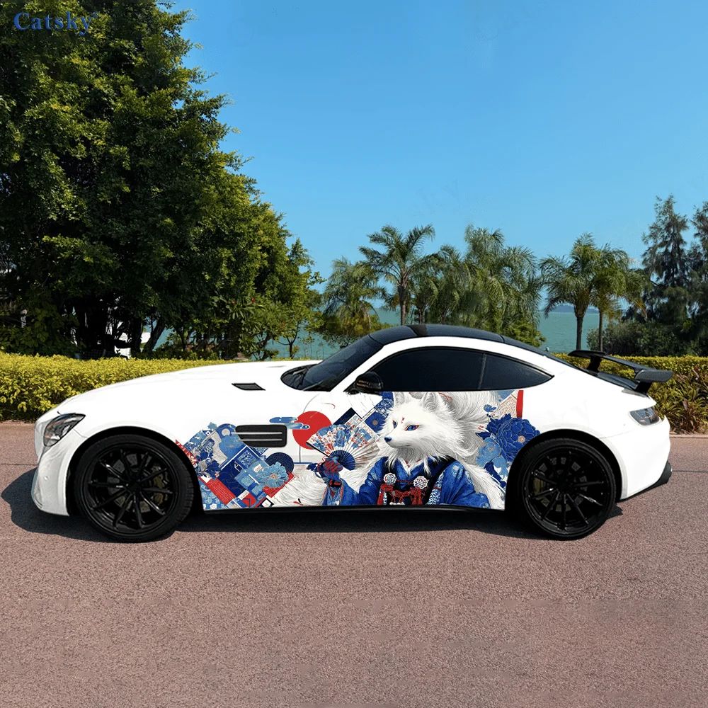 

Синее кимоно, белая лиса, автомобильные виниловые наклейки, самоклеящаяся наклейка из ПВХ, подходит для грузовиков, внедорожников, украшения, автоаксессуары, подарок