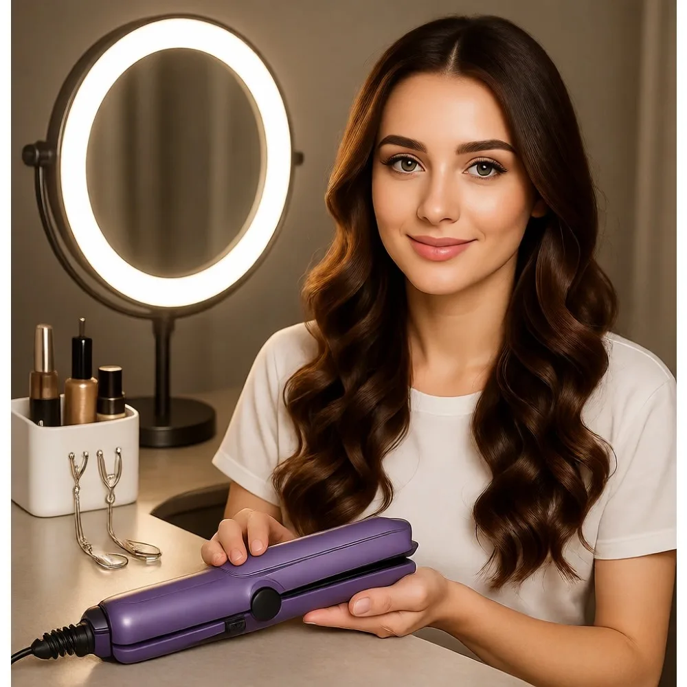 

Compact 2 in 1 Curling Wand and Flat Iron Travel Styling Tool for All Hair Types Short or Long