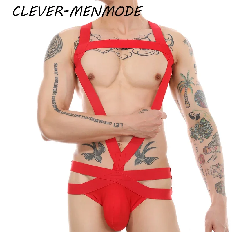 CLEVER-MENMODE Men Sexy Leotard Underwear Bodysuit Strap ThongElastic Bondage Jockstrap Harness Halter Neck One-Piece Costume