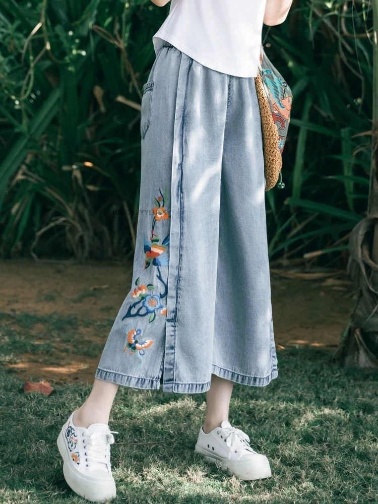 

Chinese Literature Art Versatile Wide Leg Pants Temperament Home Casual Trousers Ethnic Style Embroidered Split Denim Pants
