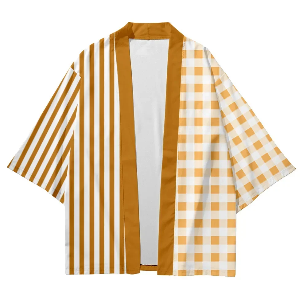 Retro Men's Japanese Kimono Traditional Chessboard Casual Thin Jacket Asian Kimonos Cardigan Chic Bathrobes Loose Kimono Mujer