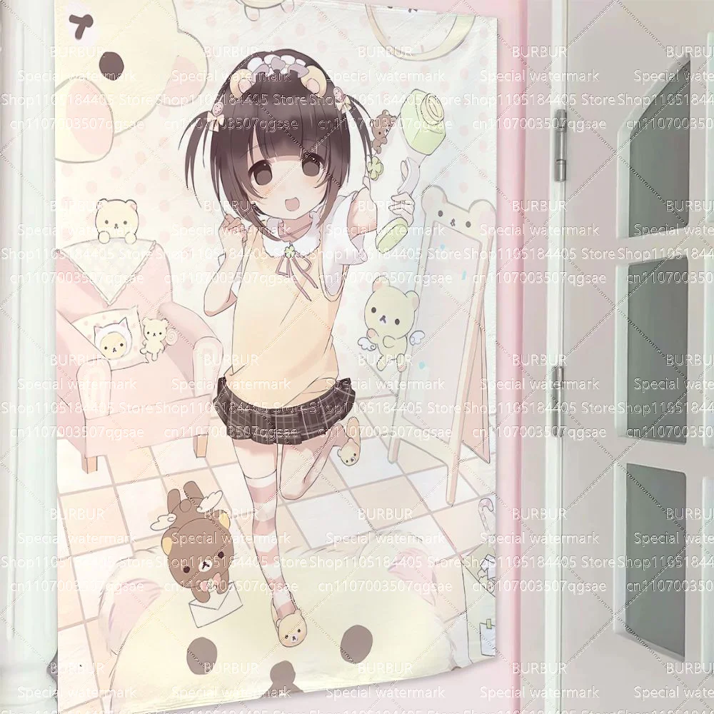 Relaxed Bear Girl Japanisches Vintage-Hängetuch für vertikale Gestaltung, Schlafzimmer- und Wohnheimdekoration, Fotohintergrund für den Innenbereich