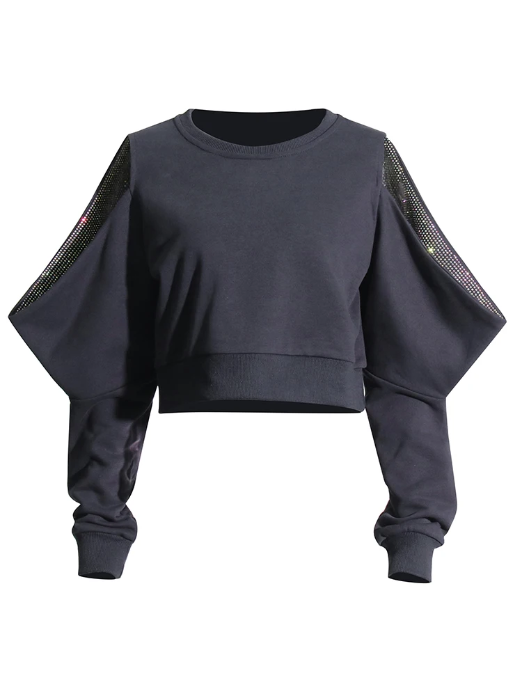 CHICEVER Patchwork Diamonds Hollow Out Sweatshirt For Women Round Neck Long Sleeve Autumn Minimalist Pullover Sweatshirts Female