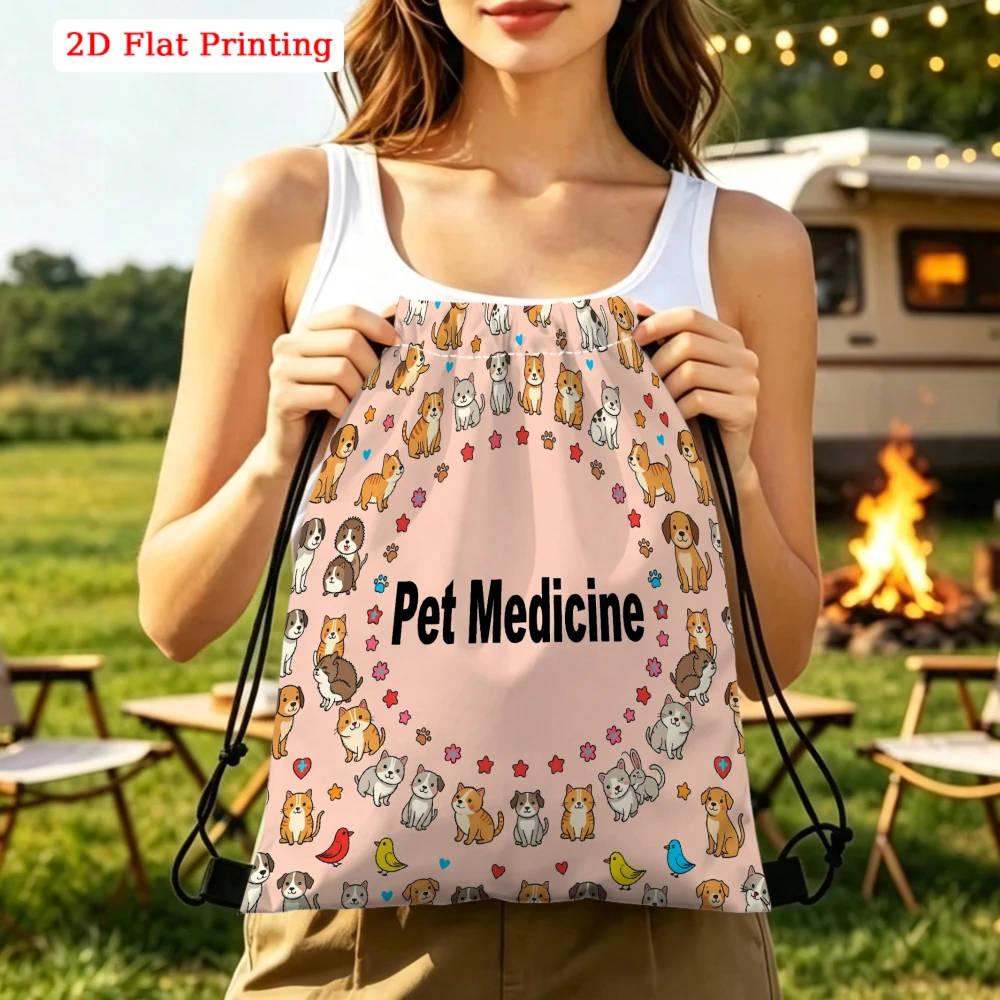 Cute Pet Medicine Cartoon Cats Dogs 2D Printing Drawstring Backpack Fitness Sports Outdoor Travel Bag