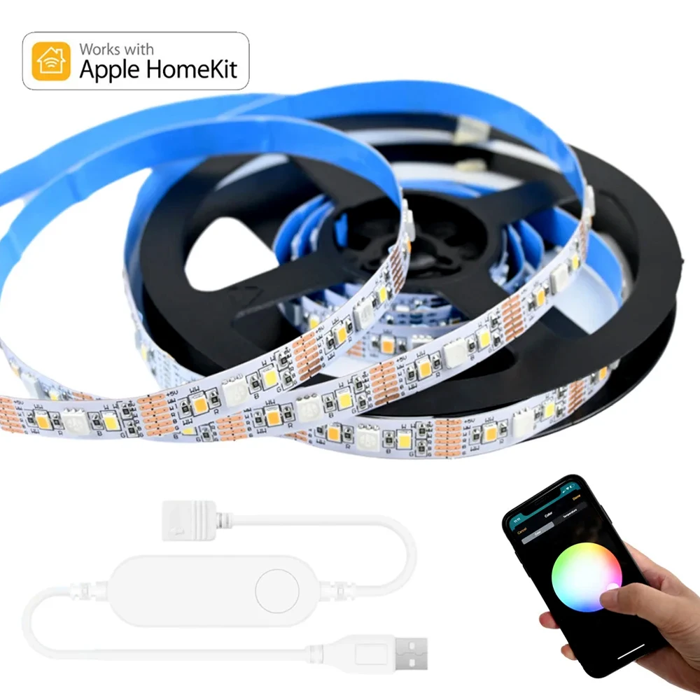 USB Power Homekit WiFi RGB+CCT Led Strip DC 5V 1M 2M 3M 4M 5M RGBCW Flexible Tape Dimmable TV Back Light Band Siri Voice Control