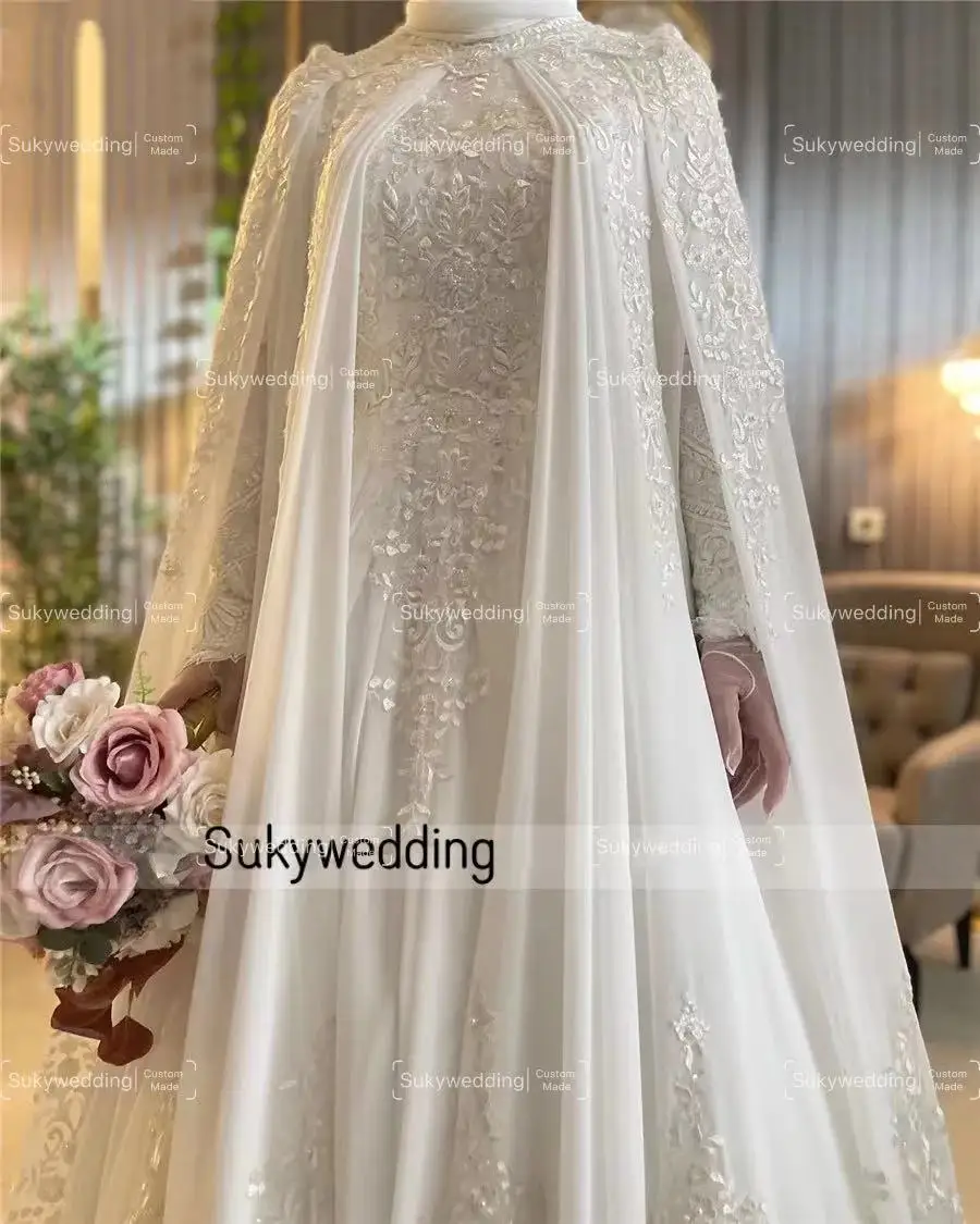 Chiffon Princess Muslims Wedding Dress for Wedding with Cape Lace Appliques Islamic Bridal Gowns High Quality Robe De Mariage