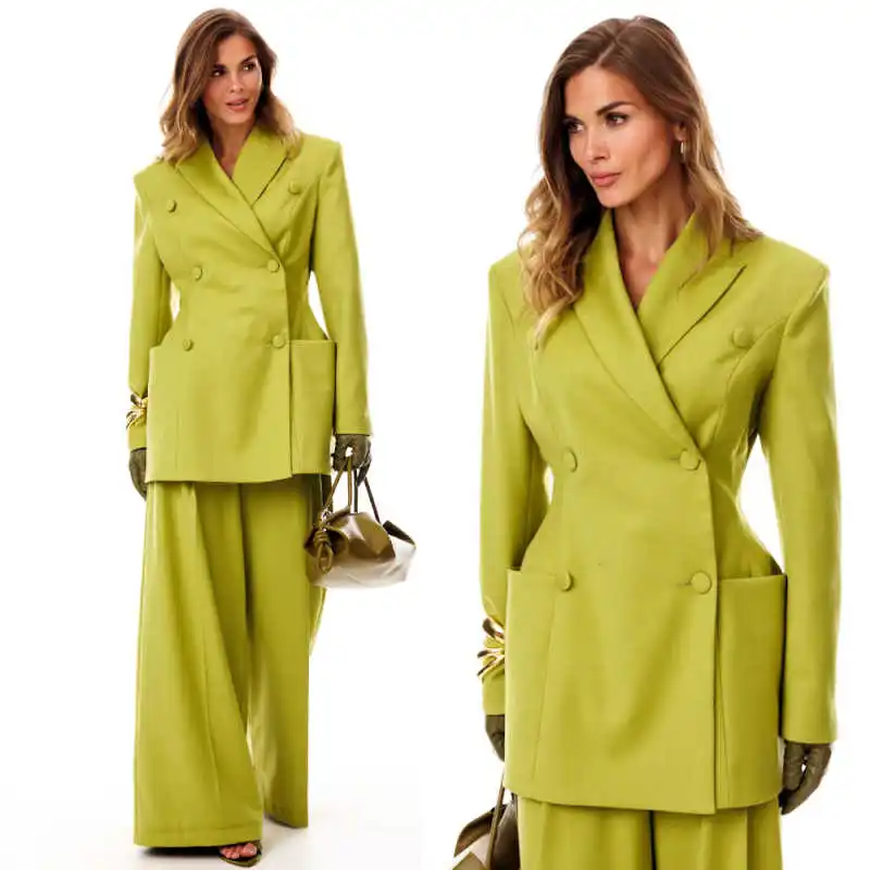 Stylish Ladies 2‑Piece Set Notched Lapel Double Breasted Slim Waist Blazer Wide Leg Trousers Office Business Suit Outfit Custom