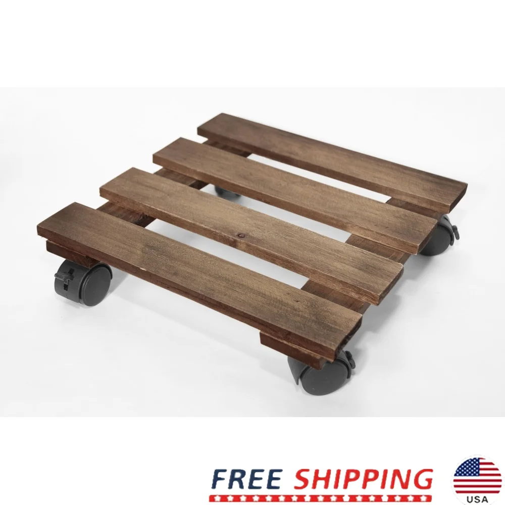 

12 Inch Square Wood Plant Caddy with Locking Wheels Rustic Finish Indoor Outdoor Use Holds Up to 120 Pounds