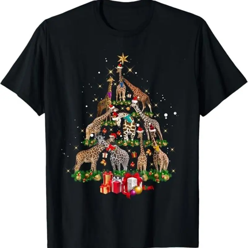 مضحك الزرافة شجرة عيد الميلاد ضوء زخرفة ديكور عيد الميلاد تي شيرت