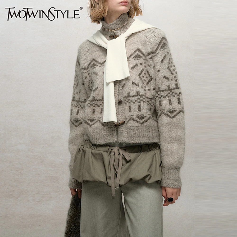 

TWOTWINSTYLE Boho Spliced Single Breasted Cardigan for Women Turtleneck Long Sleeve ​​retro Loose Style Knitwear Female Aurumn