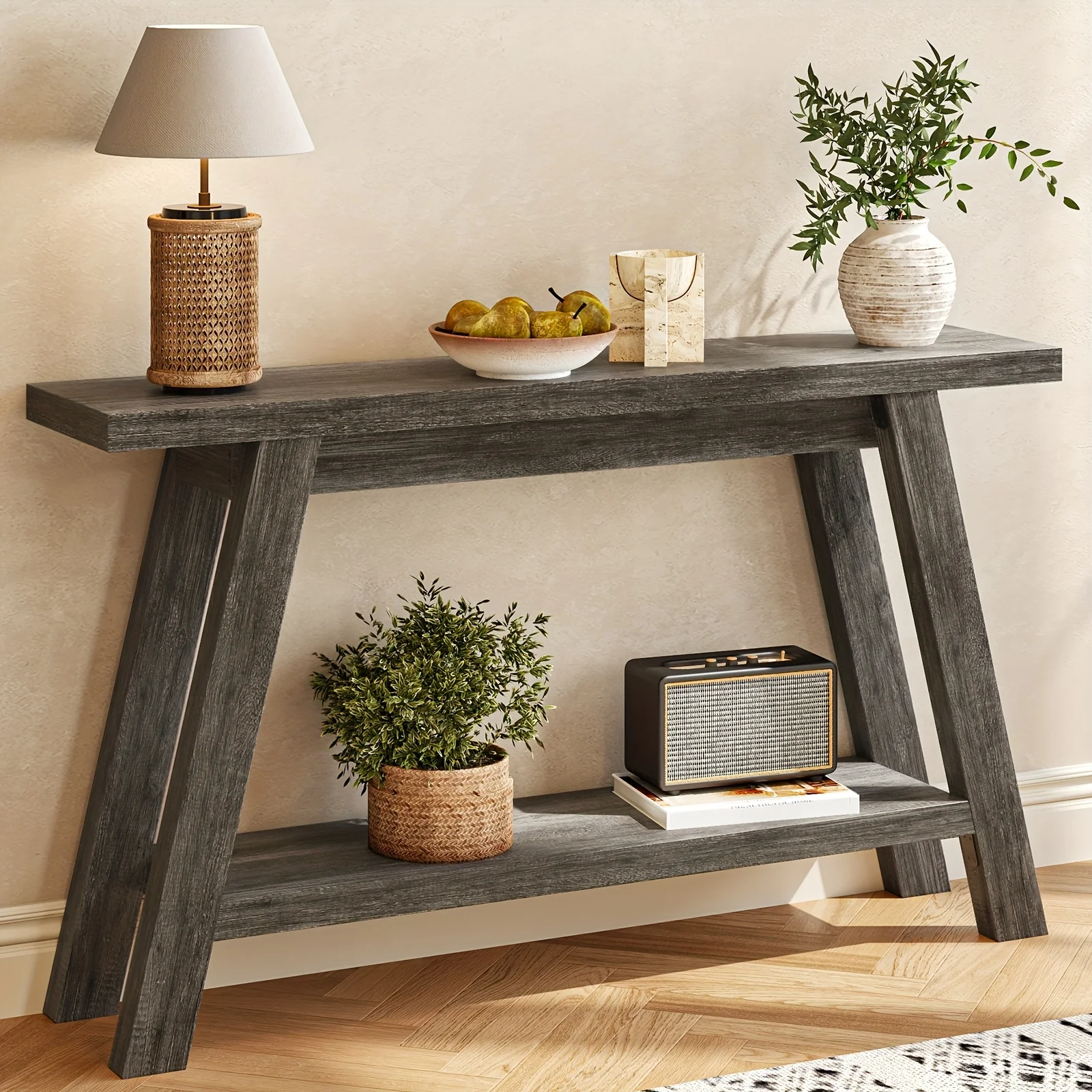 

55-Inch Solid Wood Farmhouse Console Table with Two Levels, Ideal for Narrow Spaces in The Living Room Or Hallway, Perfect