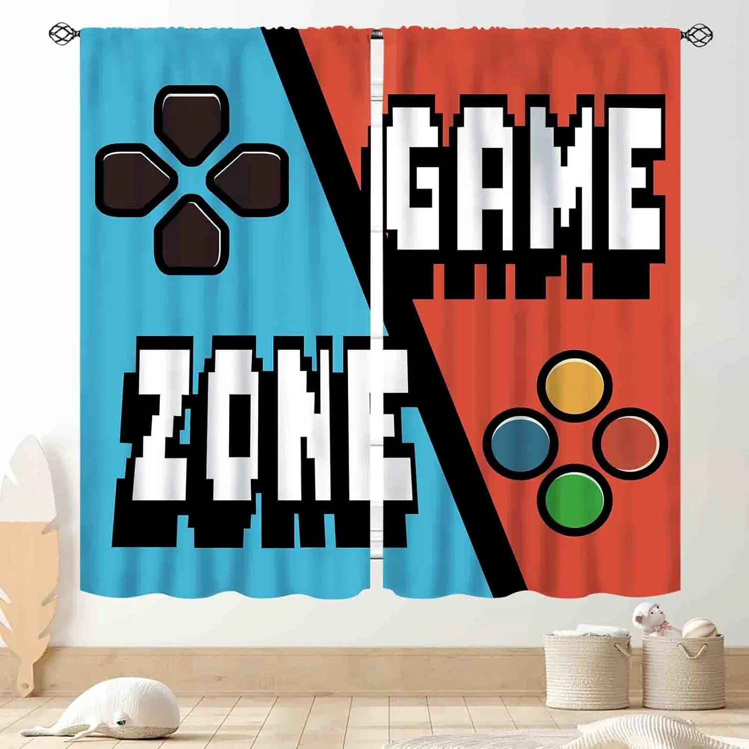 Gaming Curtains for Boys Room, Kids Boys Teens Game Controller Video Gamer Gamepad Blue Red Colorful Window Drapery Treatments