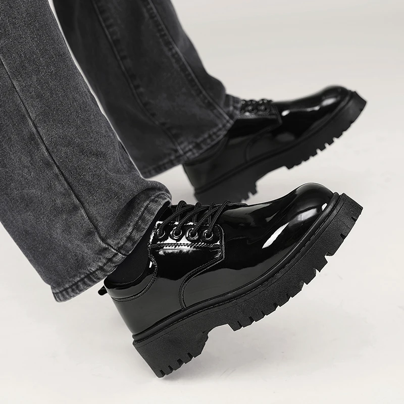 Schwarze Herren-Freizeitschuhe aus Lackleder, Plateau-Schnürschuhe, Business-Schuhe, Büro-Arbeitsschuhe, Party-, Hochzeits- und formelle Schuhe – Detail 13