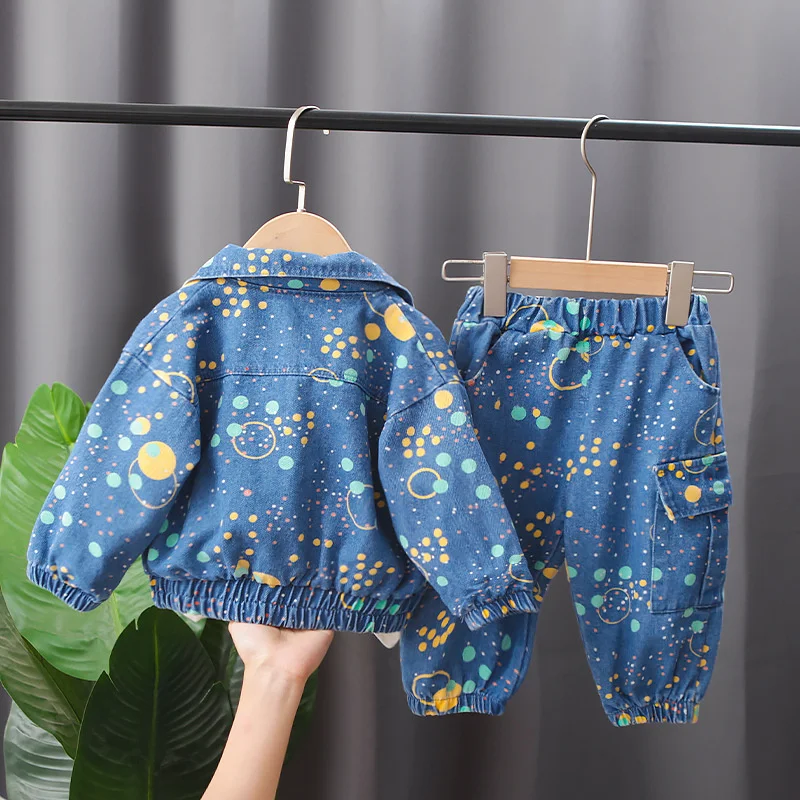 

Denim Colored Boys Dots Baby Jacket + Jeans Sets Kids 2 Pieces Clothing Pant Set Children Outfits Spring Autumn 1-5 Years