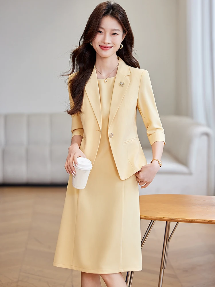 

Yellow Suit Inner Dress Women Summer Thin New Professional Set Ladies Suit Skirt Two Piece Set Commute Style Slim Fit Button ...