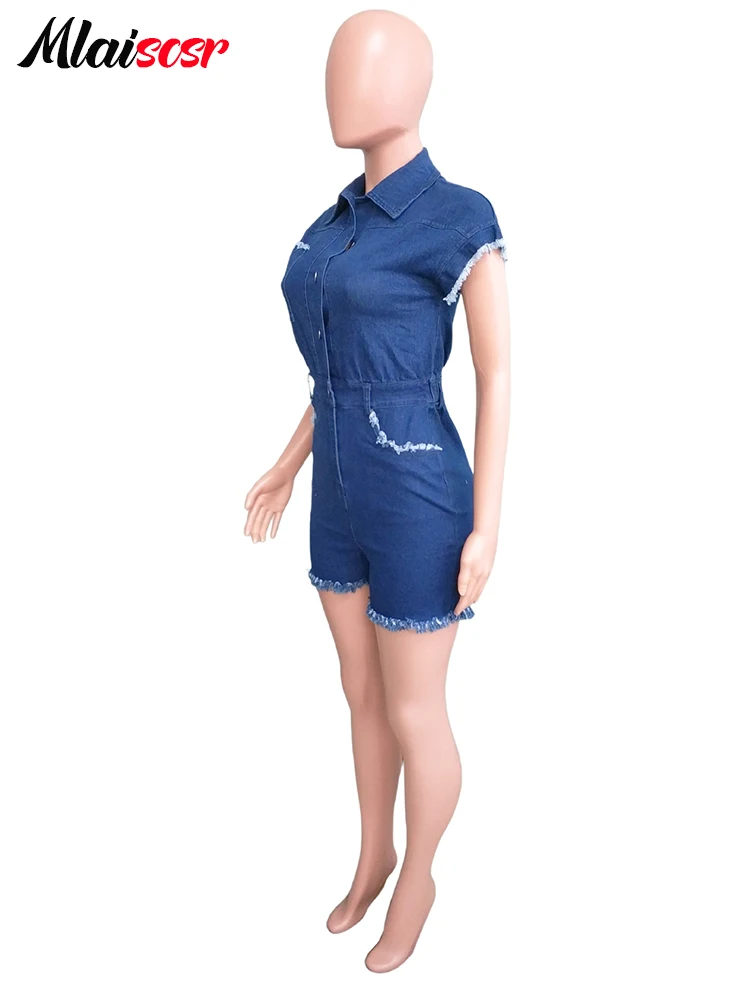 Mlaiscsr Elastic Blue Jeans One Piece Overalls Women Short Sleeve Turn-down Collar Stretch Denim Short Jumpsuit Romper Playsuits