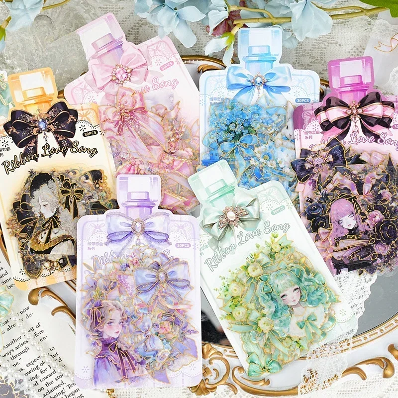 

30Pcs/bag Ribbon Love Bouquet Bow Clear PET Bronzing Sticker Bag Scrapbooking Journaling Decoration Material Collage