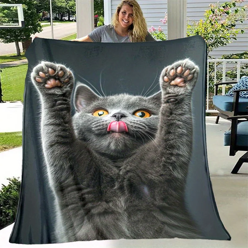 Linda Manta de Franela con Estampado de Gato Británico de Pelo Corto, Divertido Gato Gris Sacando la Lengua, Manta Suave y Ligera para Sofá o Cama