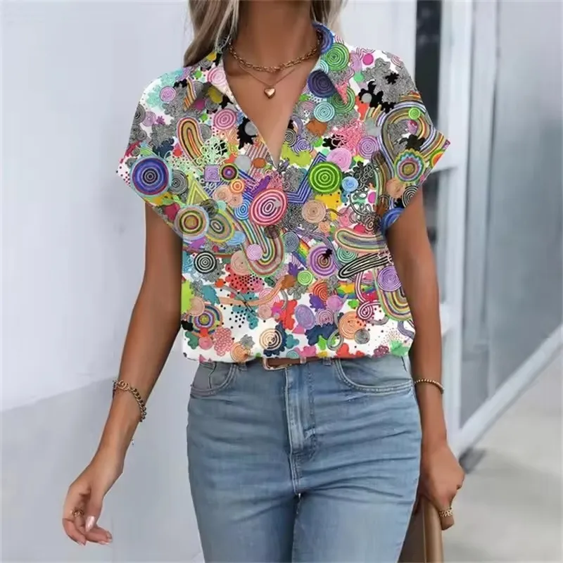 

Short Sleeve Floral Pattern Women Casual Shirts Summer 3D Flower Print Street Ladies Blouse 3XL Plus Size Turn-down Collar Shirt