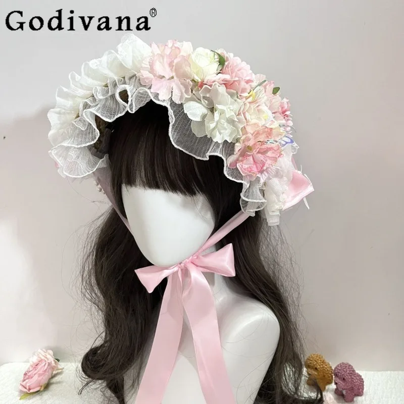 Pink Lolita Lace Princess Hat for Women Japanese Style Sweet Cute BNT Hat Female Lace Flower Decration Hair Accessories
